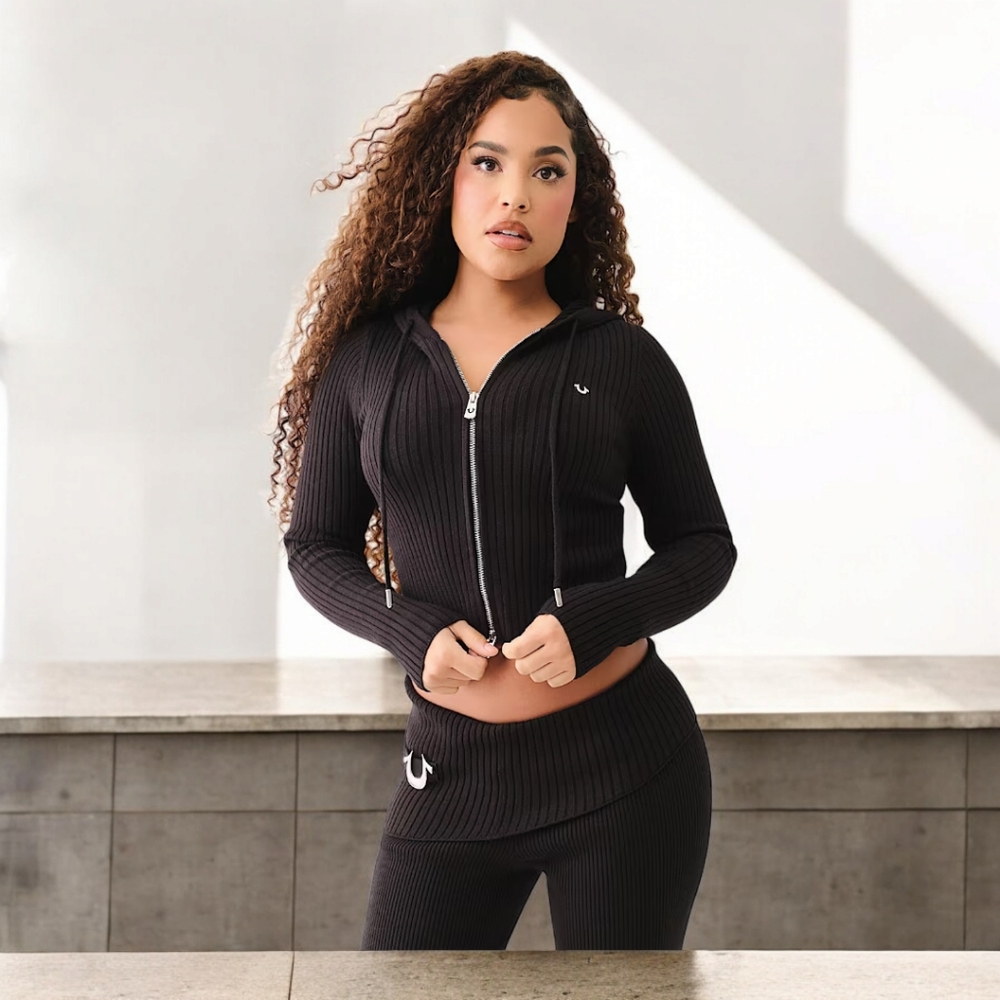TRUE RELIGION SHRUNKEN TWO-WAY ZIP HOODED SWEATER BLACK SIZE XXXL